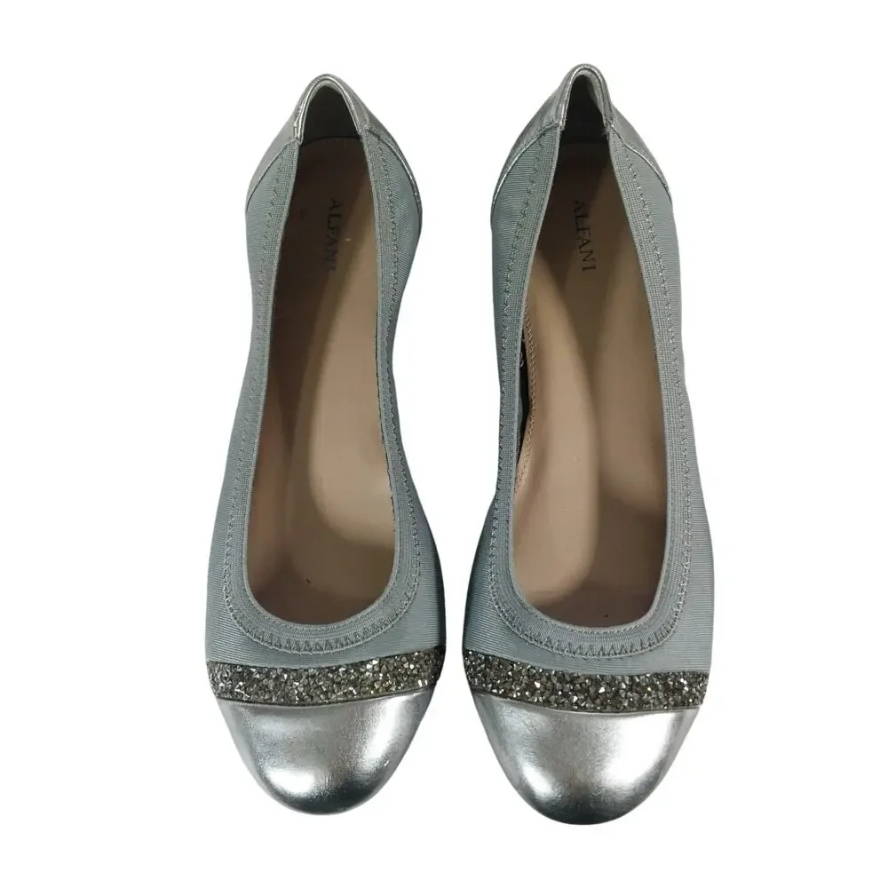 ALFANI! FAB SILVER VEGAN LEATHER, STRETCH FABRIC JEWELED BALLET FLATS! SZ 10M